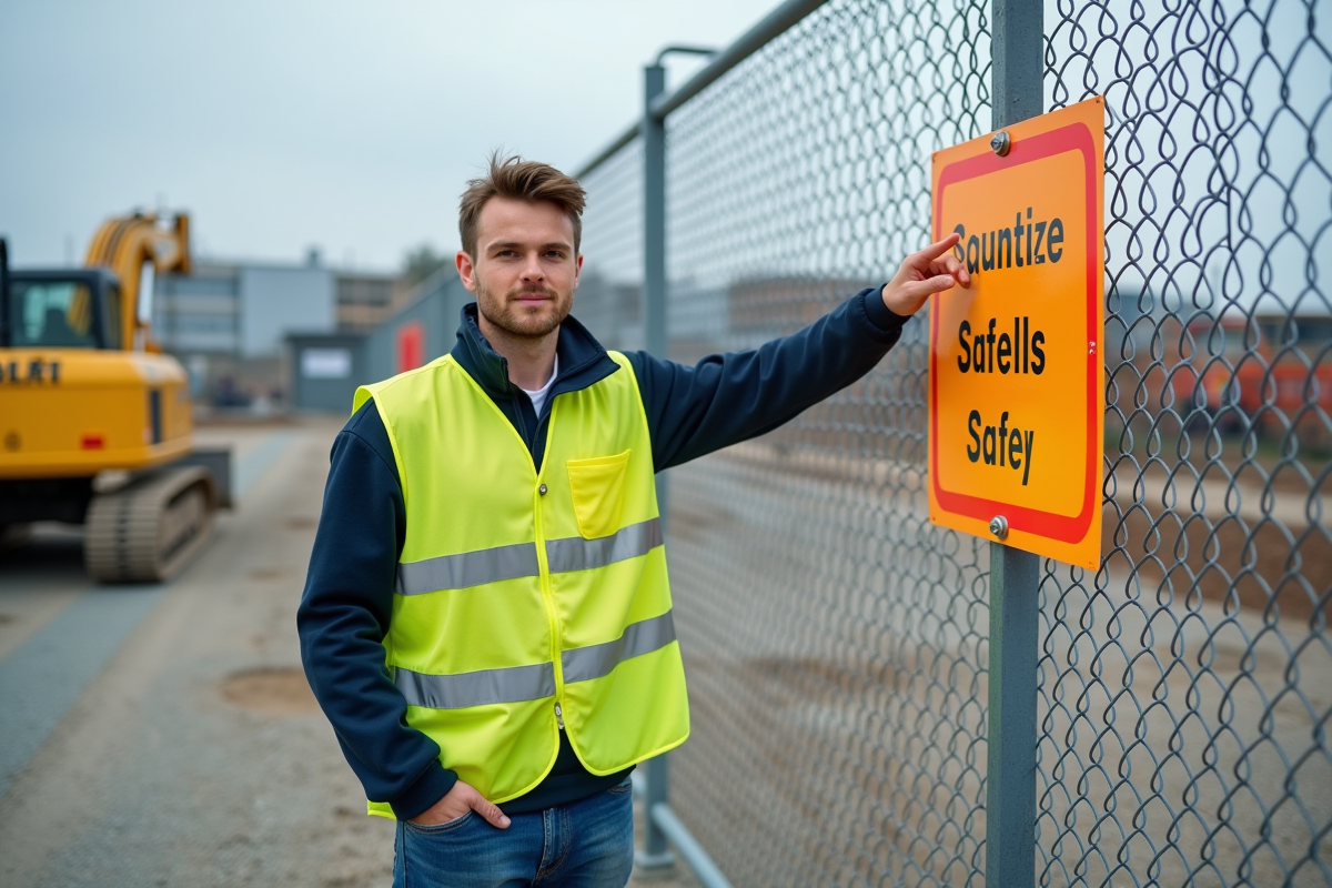 Jeune homme en gilet réfléchissant pointant une affiche de sécurité