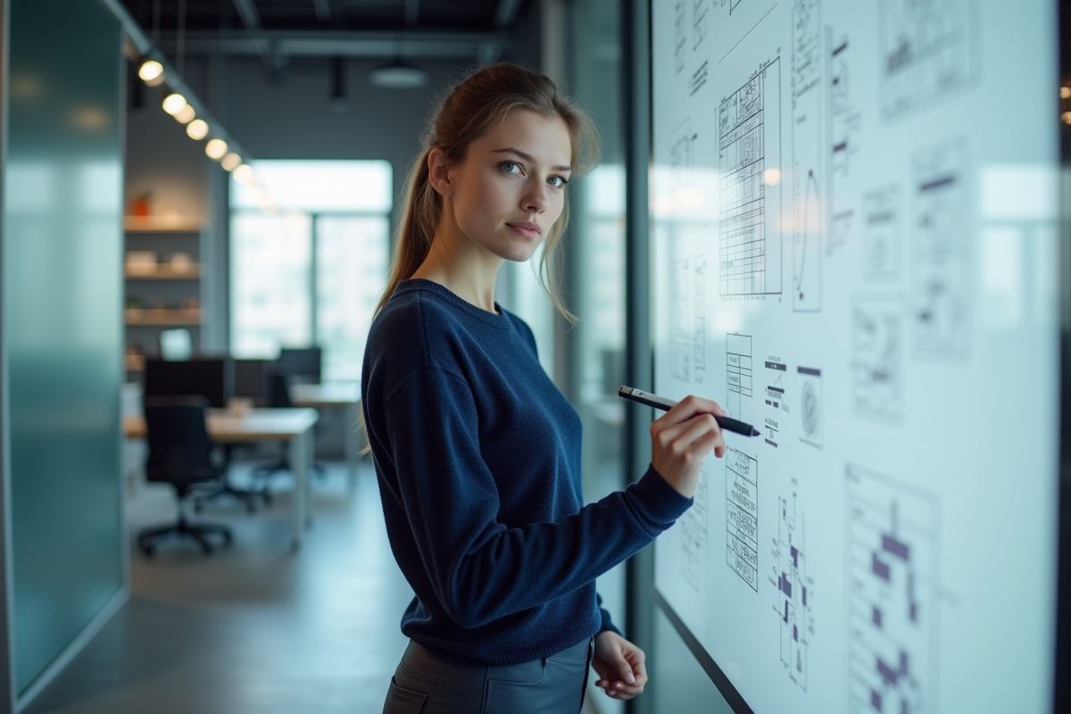 Jeune ingénieure regardant un tableau blanc avec des diagrammes