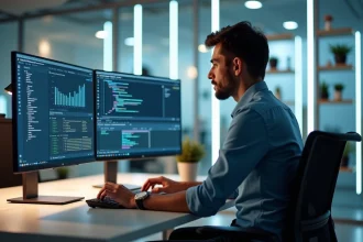 Jeune homme professionnel travaillant sur deux écrans en bureau moderne