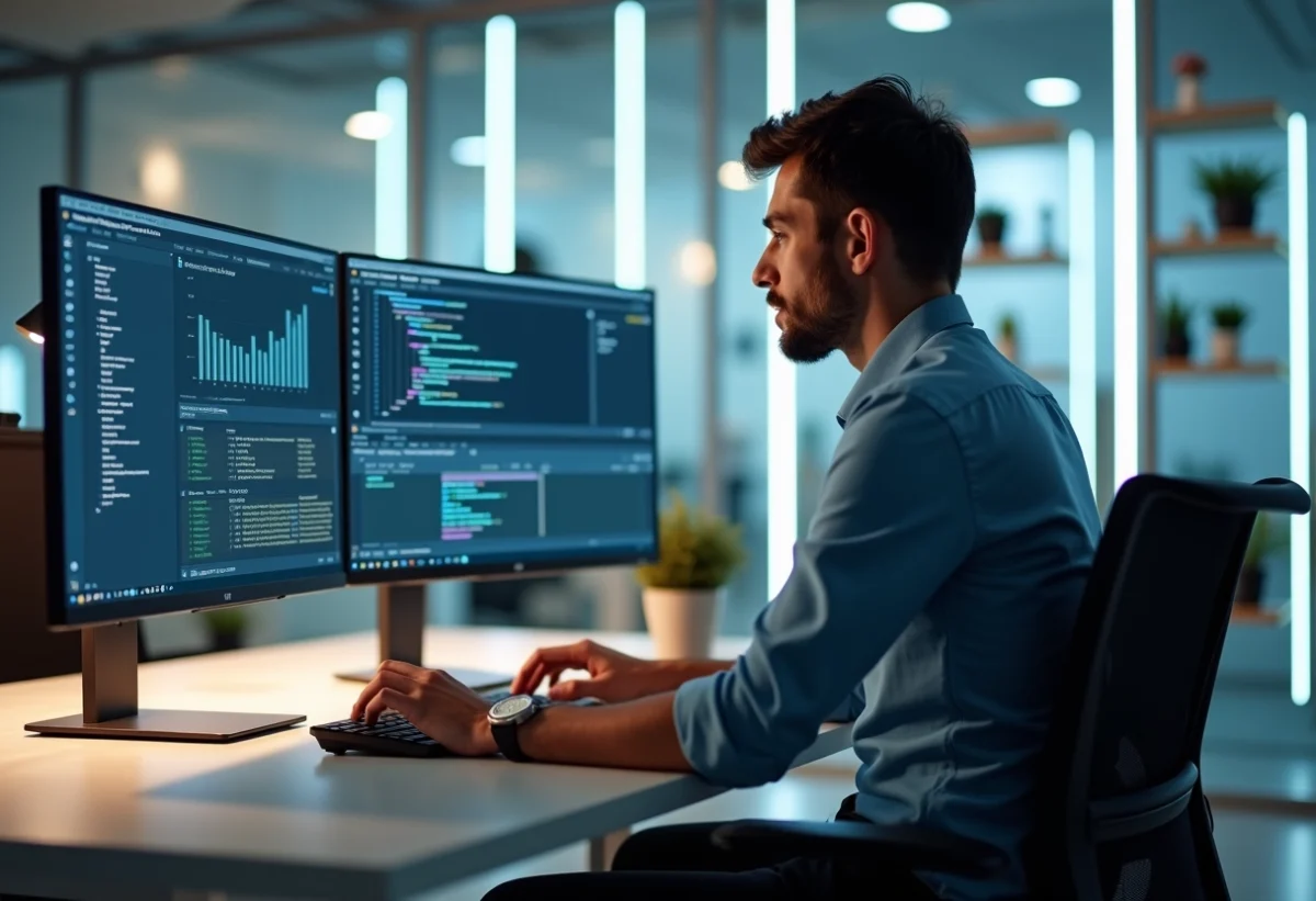 Jeune homme professionnel travaillant sur deux écrans en bureau moderne