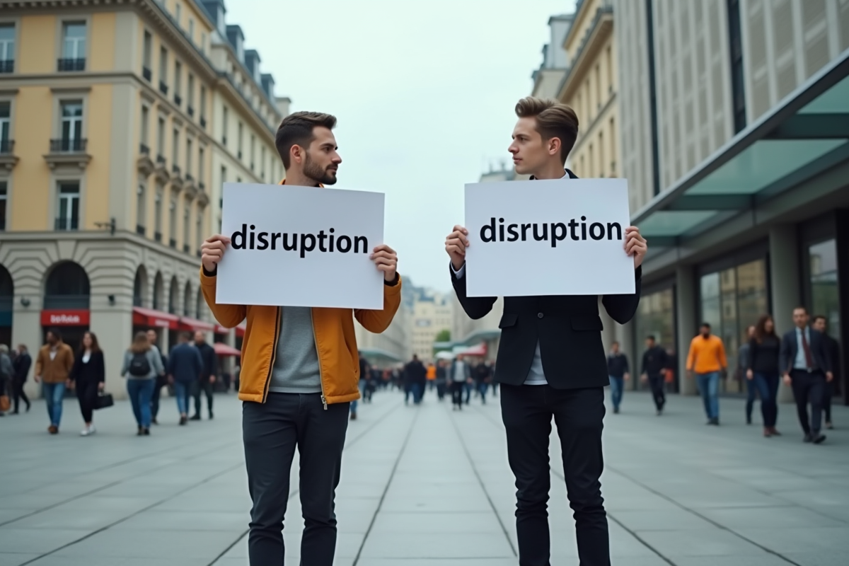 Deux jeunes avec pancartes traduction disruption en ville
