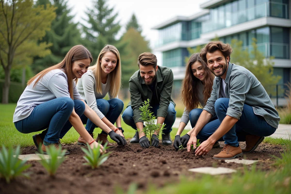 Groupe de jeunes plantant des arbres dans un jardin d