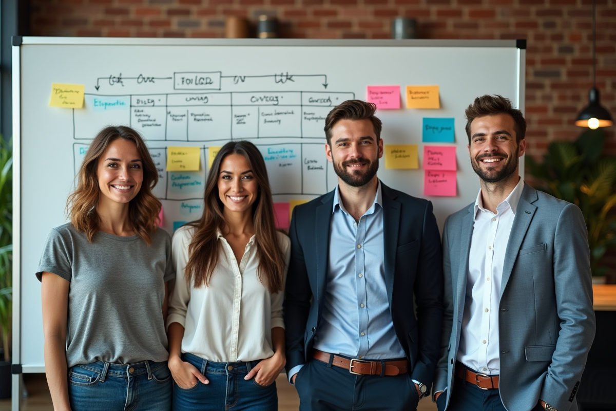Jeunes professionnels devant un tableau de gestion