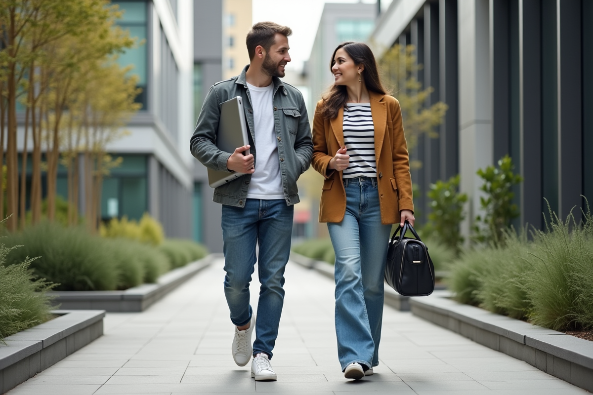 Deux jeunes professionnels marchant devant un bâtiment moderne