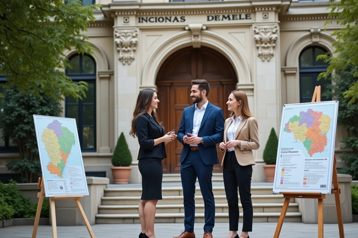 Groupe de jeunes professionnels en discussion devant un b&acirc;timent r&eacute;gional