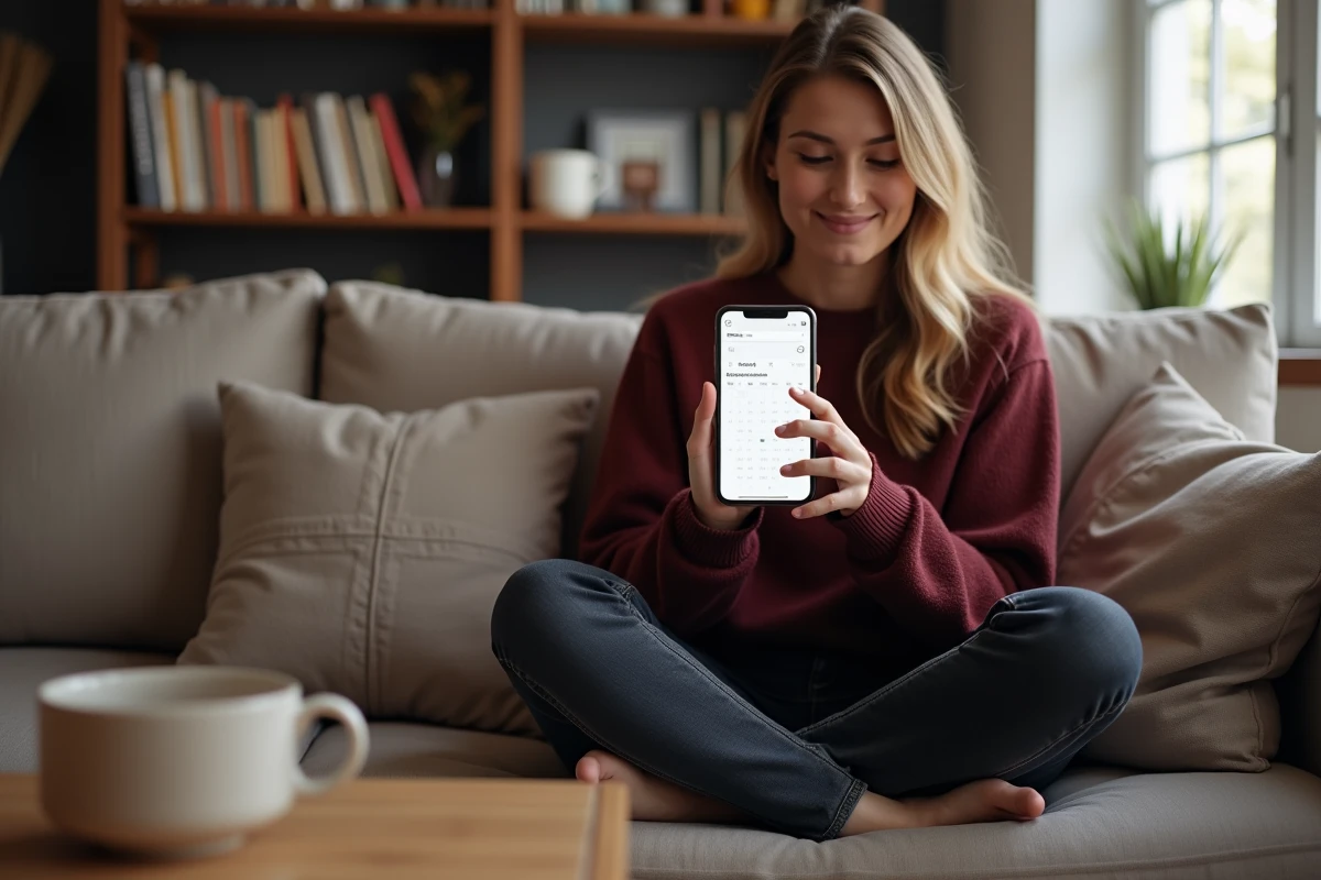 Jeune femme calculant des jours ouvrables sur une application de calendrier smartphone dans un salon