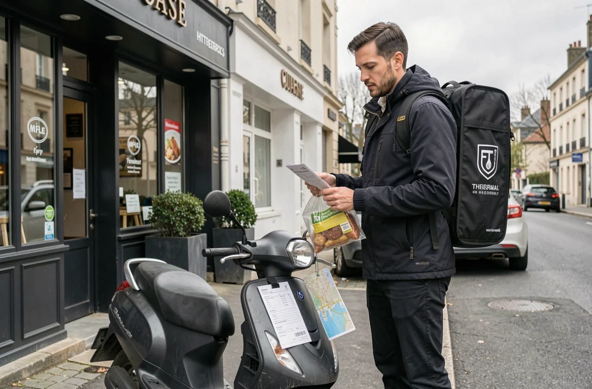 Livreur débutant sur scooter récupérant une commande Uber Eats devant un restaurant de banlieue française