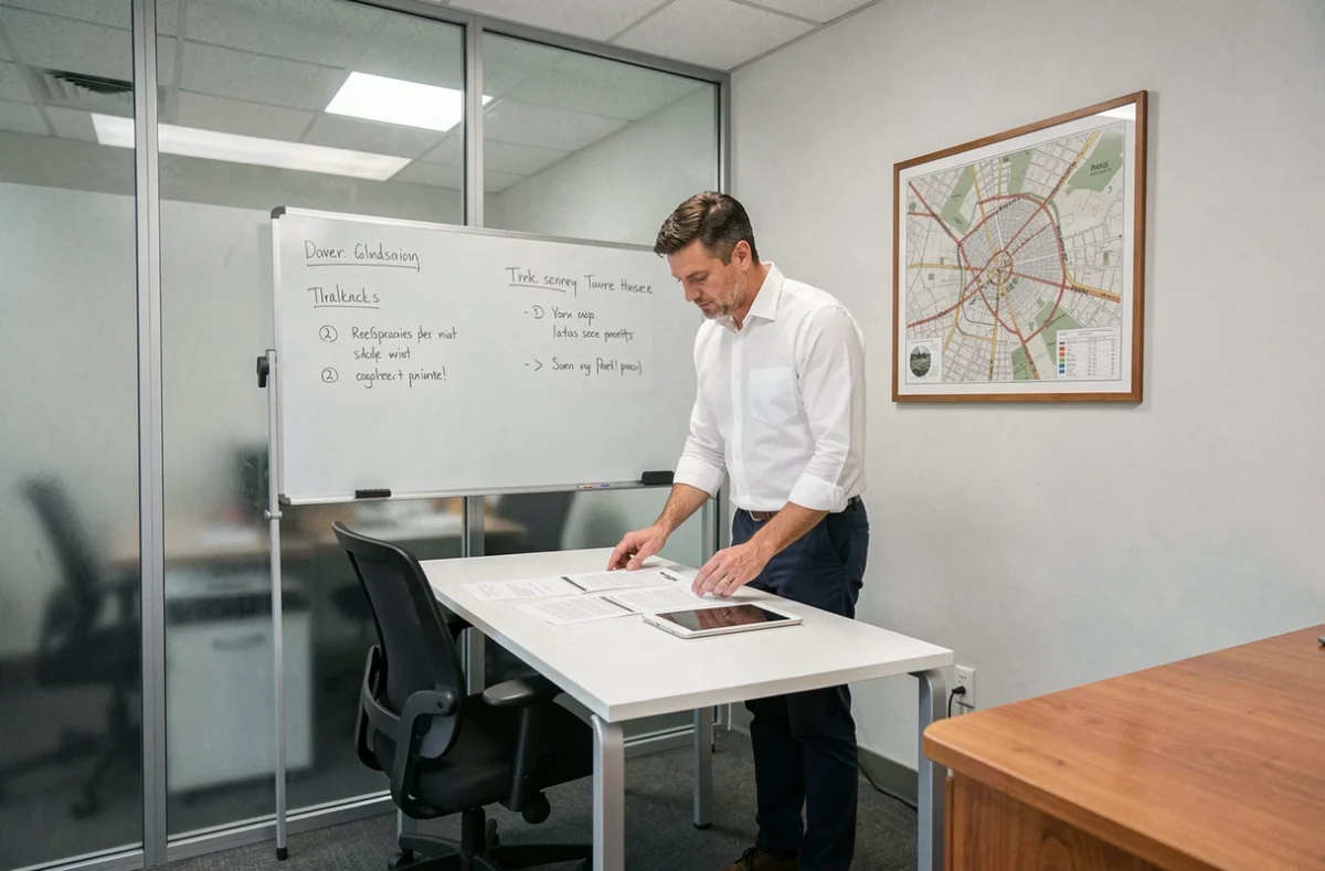 Homme d'affaires dans un petit bureau privé à louer à Paris, espace fonctionnel et économique