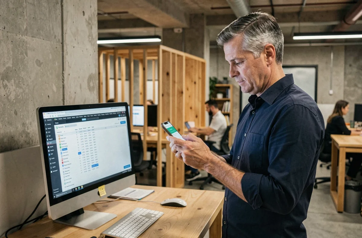 Manager en télétravail dans un espace de coworking vérifiant le suivi de son temps de travail sur son smartphone avec un moniteur de bureau en arrière-plan
