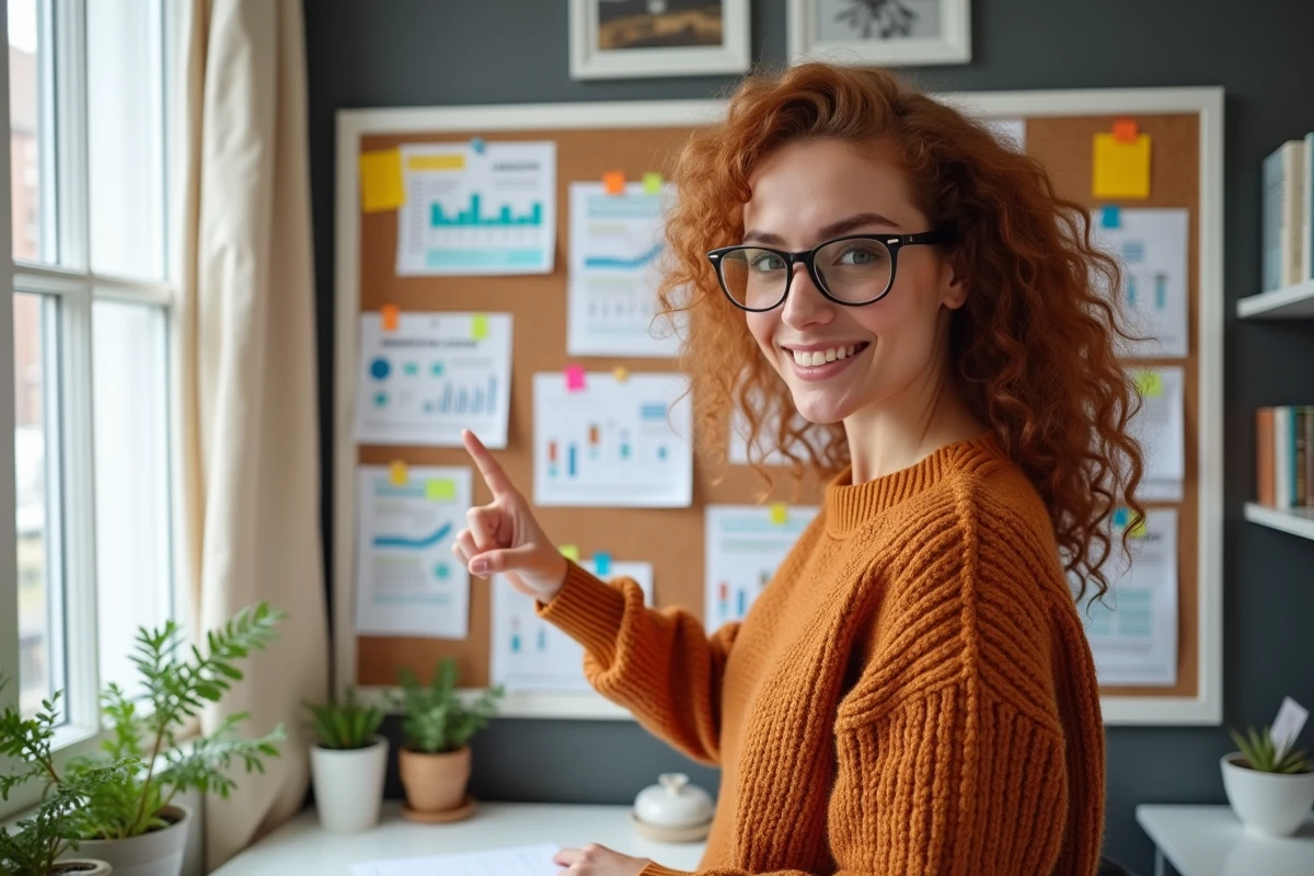 Une jeune marketeuse présentant une stratégie de contenu sur un tableau de liège dans son bureau à domicile, entouré de ressources marketing imprimées