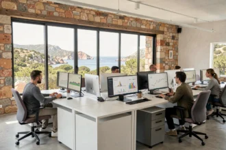Bureau d'une agence SEO en Corse avec vue sur la mer Méditerranée et équipe travaillant sur des tableaux de bord de référencement