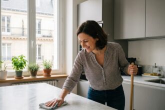 Femme de ménage professionnelle nettoyant une cuisine moderne dans un appartement parisien à Levallois-Perret