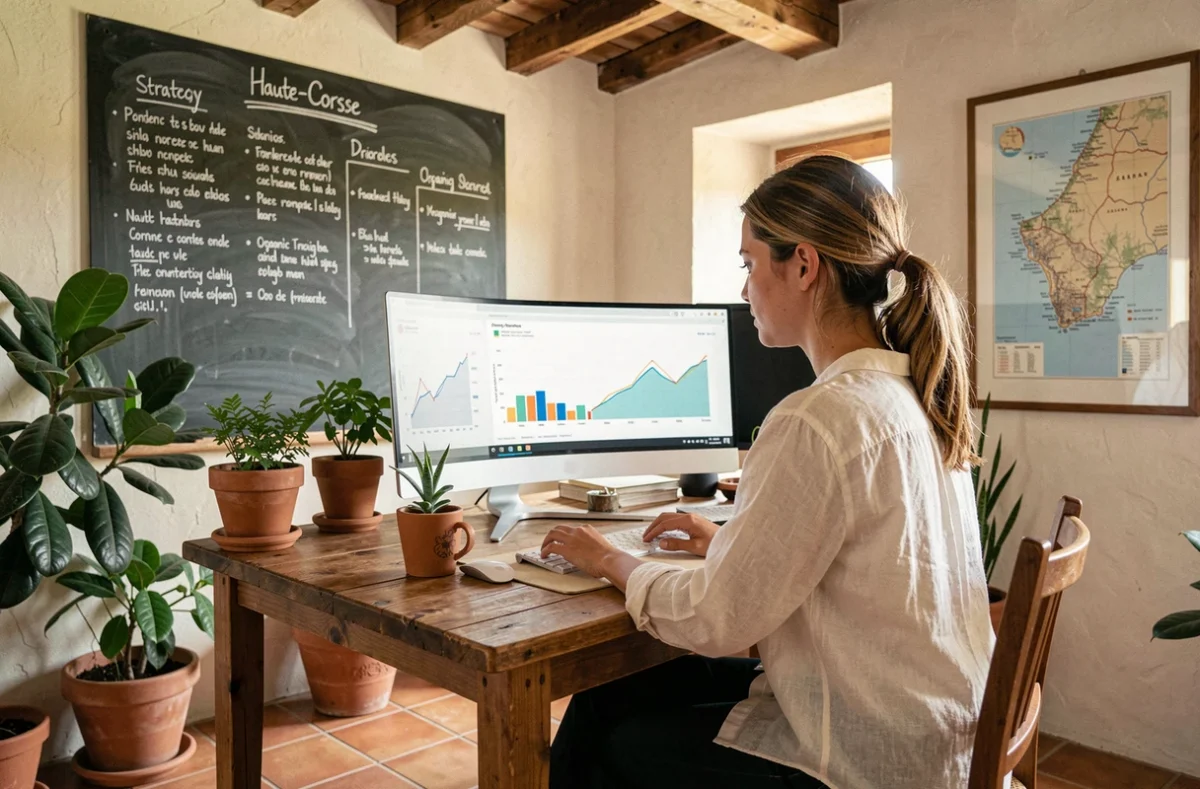 Spécialiste SEO de la micro-agence Culmine dans un bureau chaleureux de Haute-Corse entourée de plantes et de données d'analyse