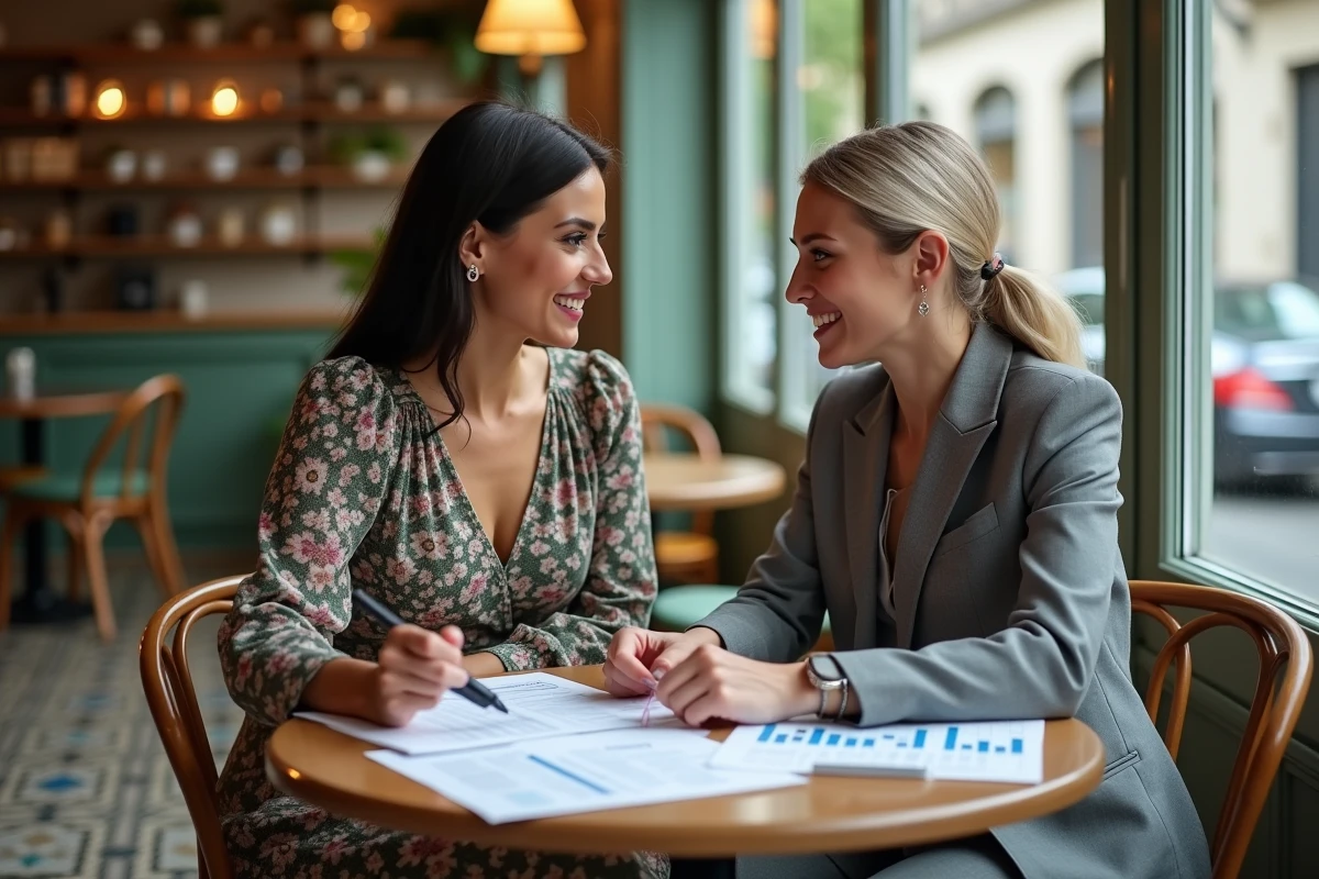 Deux femmes discutant d'un contrat d'égérie et de son budget dans un café parisien avec des documents imprimés