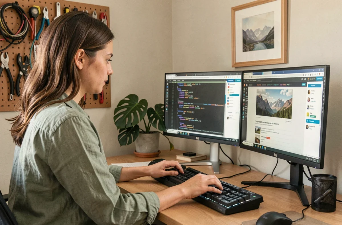 Développeuse web de NH-WDcom codant sur un bureau à domicile bien organisé avec deux écrans affichant du code et une maquette de site
