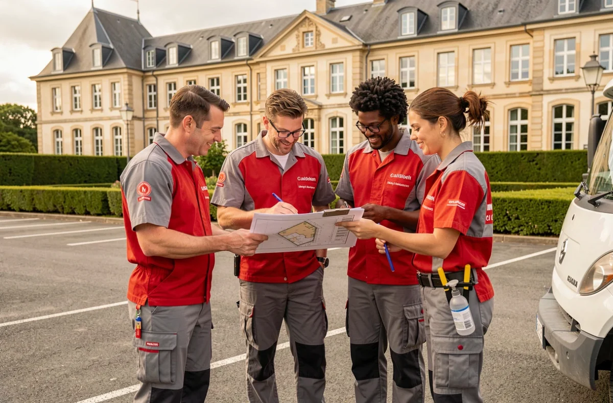 Équipe Onet en uniforme devant un bâtiment administratif en Bourgogne-Franche-Comté, organisation d'une intervention de nettoyage