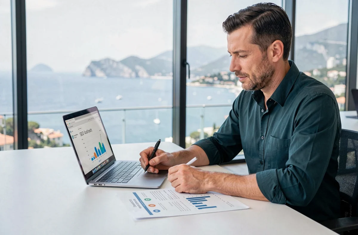 Stratège SEO d'Oxoleo analysant une stratégie digitale dans le Var avec vue sur la côte