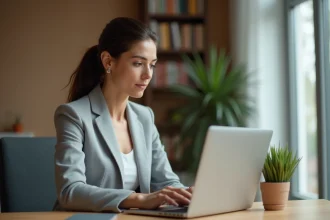 Femme en blazer gris paramétrisant son compte Urssaf en ligne sur un ordinateur portable dans un bureau à domicile