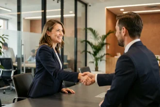 Deux professionnels d'une entreprise en croissance concluant un partenariat commercial lors d'une réunion en bureau moderne