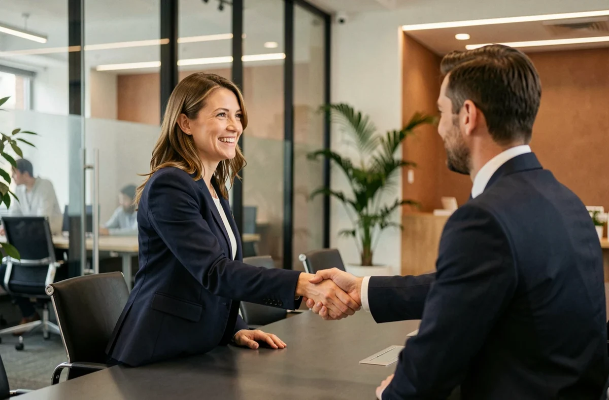 Deux professionnels d'une entreprise en croissance concluant un partenariat commercial lors d'une réunion en bureau moderne