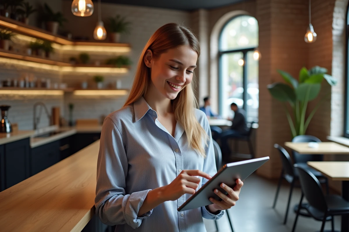 Jeune femme personnalisant les paramètres de son auto-école sur une tablette dans un espace de coworking
