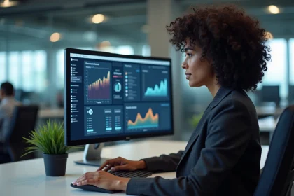 Femme analyste en blazer gris étudiant des tableaux de bord de personnalisation avancée sur un écran dans un bureau moderne