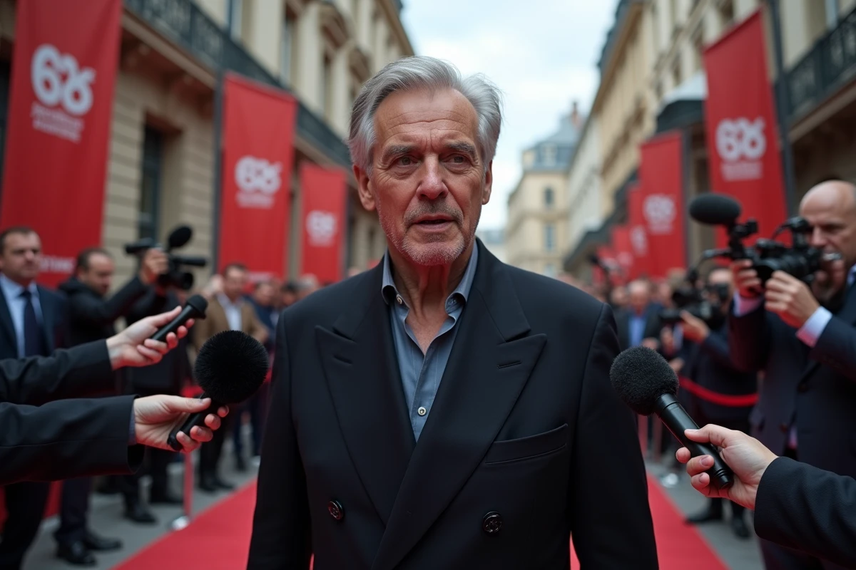 Personnalité du cinéma français sur le tapis rouge d'un festival de cinéma, entourée de journalistes et de professionnels de l'industrie