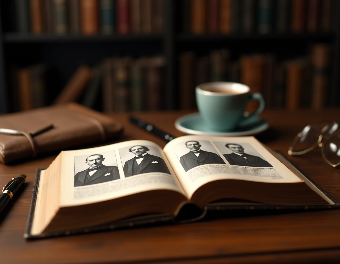 Livre ouvert sur un bureau en chêne présentant des portraits photographiques en noir et blanc des fondateurs du cabinet comptable à l'origine du nom KPMG avec stylo plume et espresso