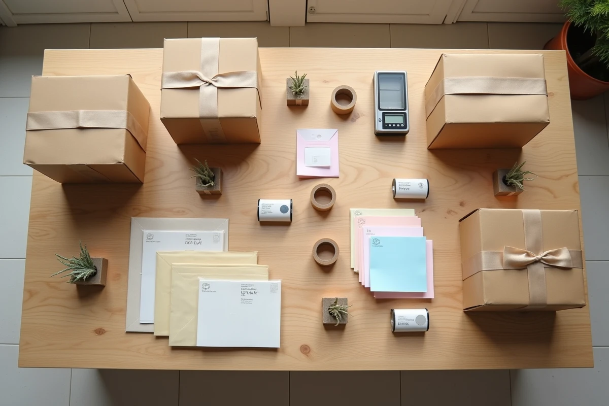 Vue de dessus d'un poste d'emballage artisanal à domicile avec boîtes kraft, ruban adhésif, balance postale et échantillons emballés sur une table en bois
