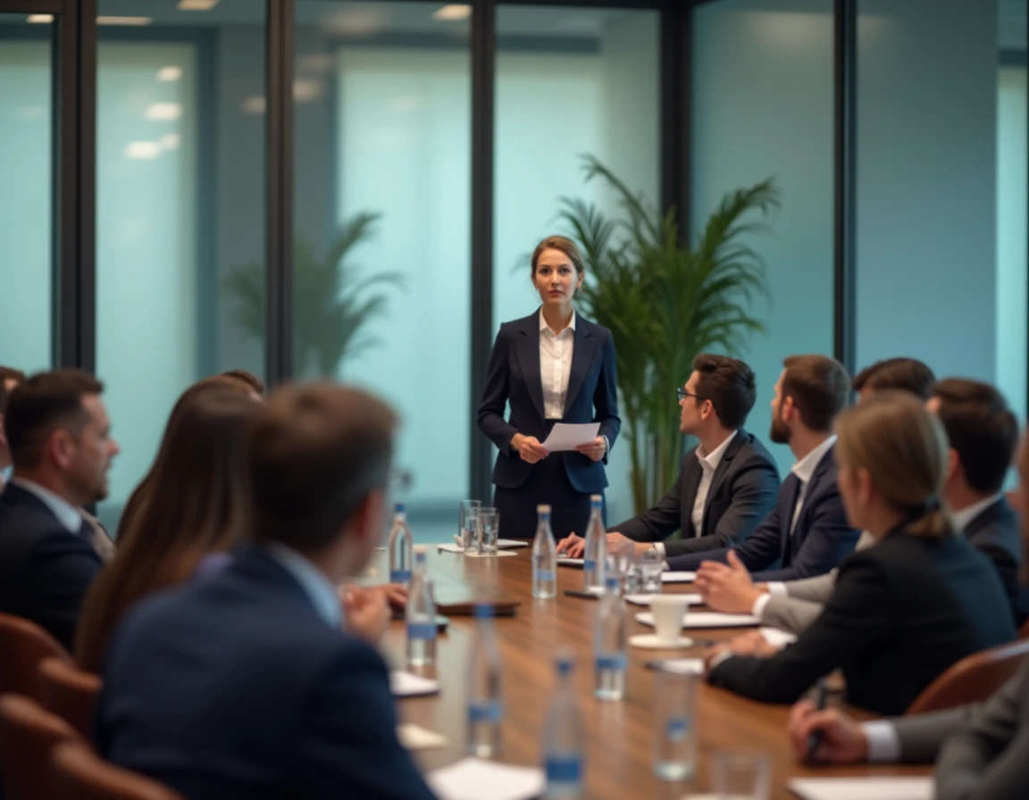Une femme dirigeante prend la parole devant un groupe de professionnels lors d'un événement de networking B2B dédié aux PME en salle de conférence moderne