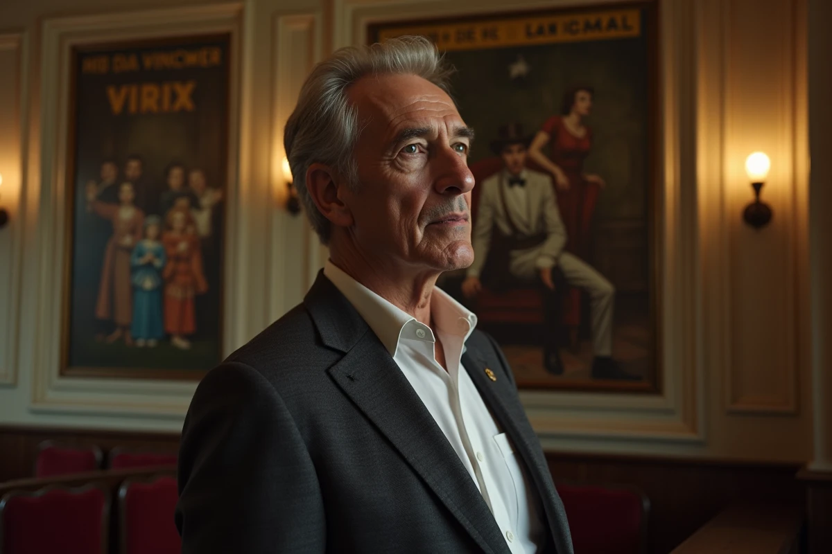 Producteur de cinéma français dans le hall d'une salle de cinéma parisienne classique, évoquant l'univers du cinéma d'auteur en 2026