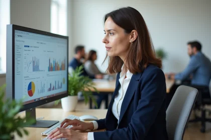 Une professionnelle du marketing analysant des données sur un écran dans un bureau moderne, illustrant l'utilisation d'un site de ressources marketing
