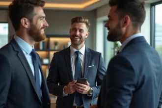 Groupe de professionnels en discussion dans un bureau moderne