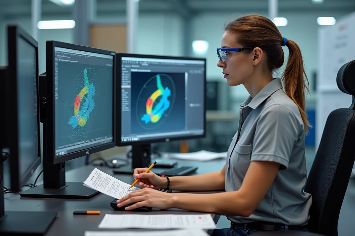 Programmatrice CNC analysant une simulation d'usinage sur poste de travail CAM en bureau technique