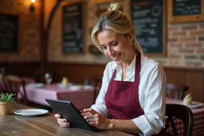 Propriétaire de restaurant consultant les avis clients en ligne sur une tablette dans son bistrot