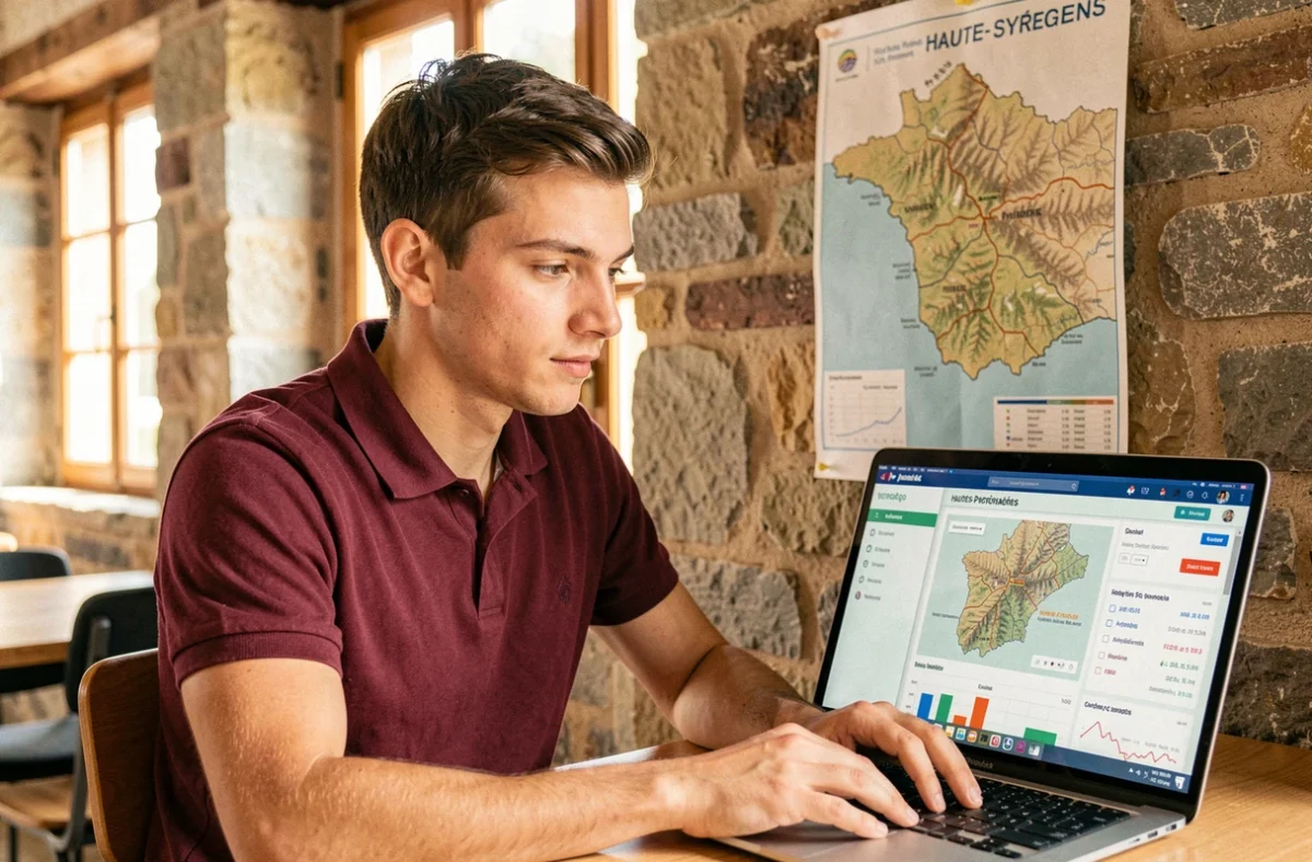 Consultant web de Pyreweb travaillant sur une stratégie SEO locale dans un espace de co-working aux murs en pierre pyrénéens