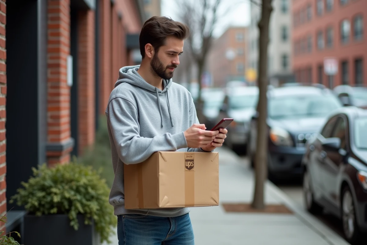 Jeune homme réceptionnant un colis UPS devant son immeuble en vérifiant sa livraison sur son téléphone
