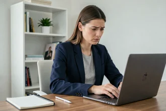 Femme professionnelle recherchant un emploi en ligne fiable sur son ordinateur portable dans un bureau à domicile moderne