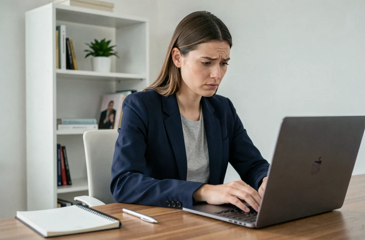 Femme professionnelle recherchant un emploi en ligne fiable sur son ordinateur portable dans un bureau à domicile moderne
