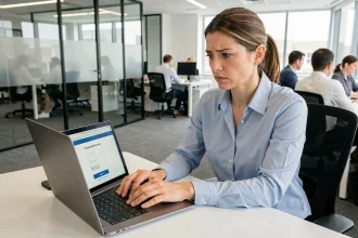 Employée en entreprise tentant de récupérer son mot de passe oublié sur l'intranet Inetum depuis son ordinateur portable au bureau