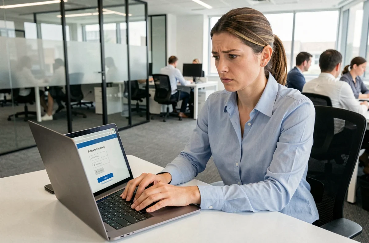 Employée en entreprise tentant de récupérer son mot de passe oublié sur l'intranet Inetum depuis son ordinateur portable au bureau