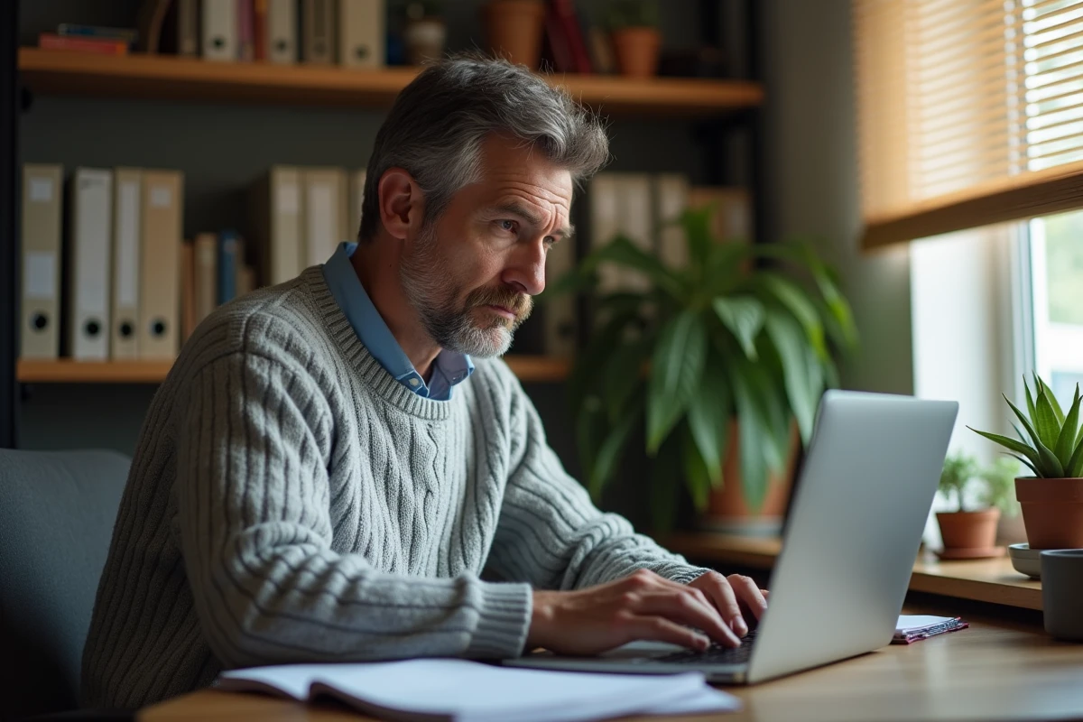 Homme hésitant devant son ordinateur en train de rédiger une lettre de rupture conventionnelle depuis son bureau à domicile