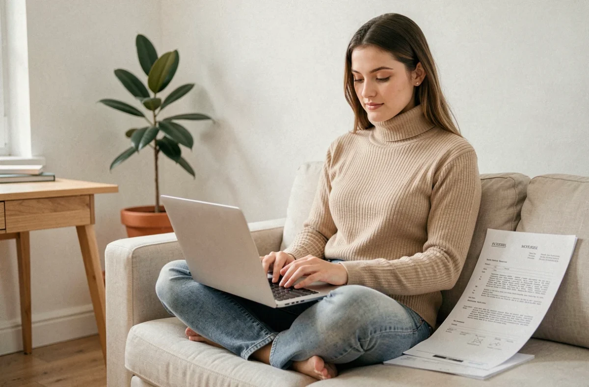 Jeune femme rédigeant une note de service moderne sur ordinateur portable à côté d'un modèle formel imprimé