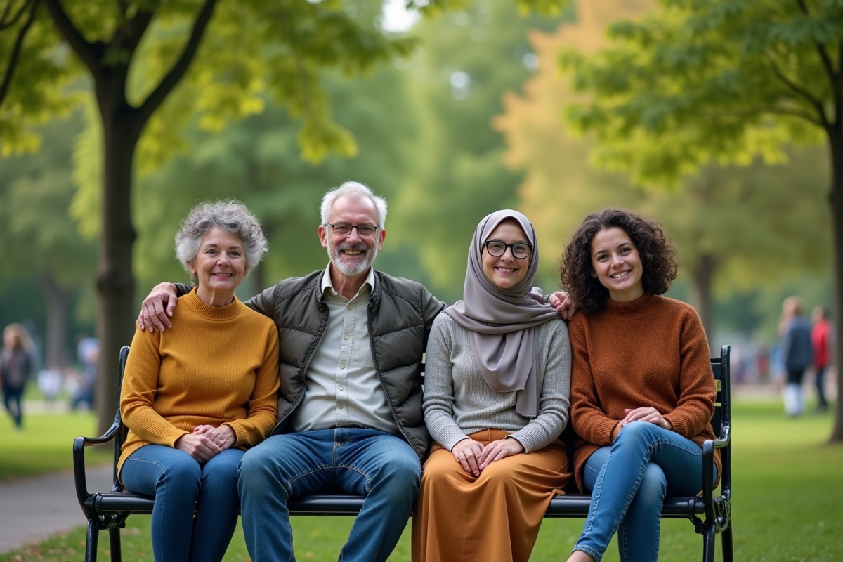 Quatre personnes de générations différentes assises sur un banc dans un parc