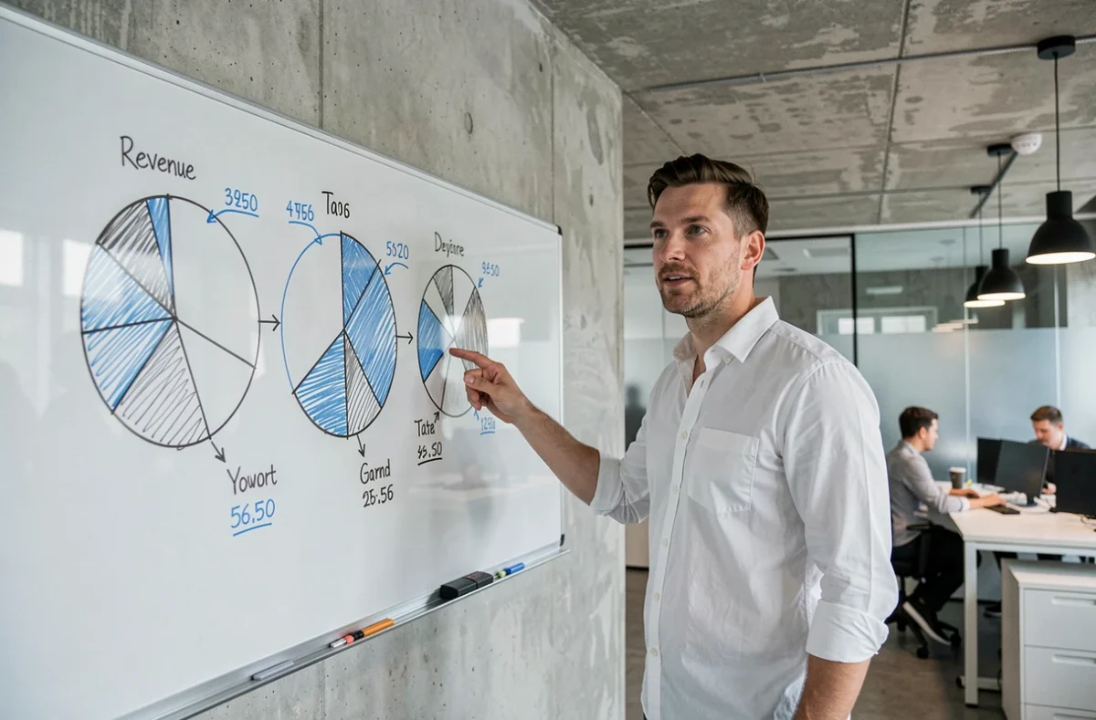 Entrepreneur présentant un tableau de répartition du chiffre d'affaires opérationnel par segment d'activité sur un tableau blanc