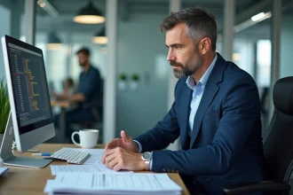 Responsable RH en costume bleu marine consultant des documents administratifs liés à l'ASP dans un bureau d'entreprise moderne