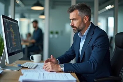 Responsable RH en costume bleu marine consultant des documents administratifs liés à l'ASP dans un bureau d'entreprise moderne