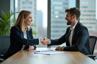 Deux jeunes professionnels souriants lors d'une signature de partenariat