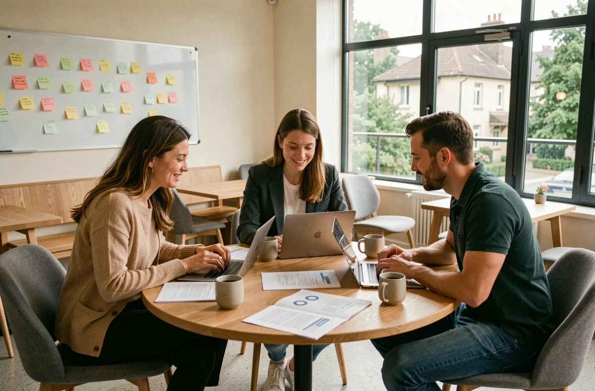 Groupe de professionnels en réunion collaborative dans un espace de coworking lumineux à Mont-Saint-Aignan