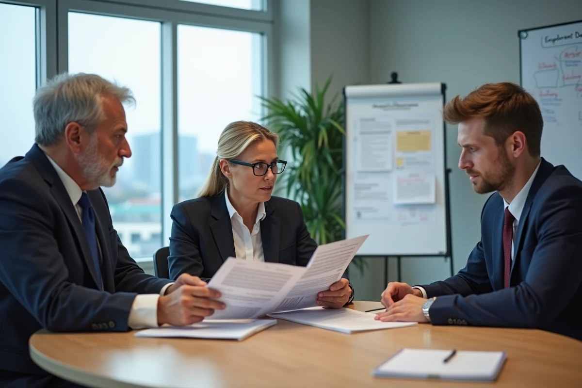 Trois professionnels réunis en salle de réunion pour discuter des obligations employeurs et des contacts utiles liés au dispositif ASP